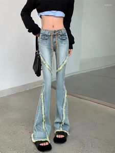 Jeans pour femmes 2024 Style américain rétro design à volants taille haute micro évasé pantalon serré élastique