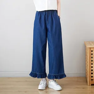 Jeans pour femmes 2024 Arrivée automne coréen style femme lâche décontracté coton élastique patchwork Ruffles pantalon de jambe large P538