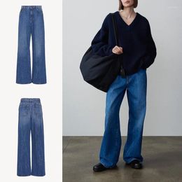 Damesjeans 2024 Aankomst minimalistische minimalistische langdossige rechte poten met brede pijpen Katoen Blue Women