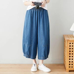 Dames jeans 2024 aankomst zomer Koreaanse stijl vrouwen losse casual katoenen denim enkellengte broek elastische taille brede been v359