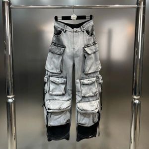 Jeans pour femmes 2024 Collection Automne Multi Poches Dégradé Gris Denim Pantalon Cargo Femmes Long GL047
