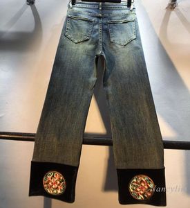 Damesjeans 2024 Autumn denim broek stiksels geborduurd goud fluweel hoge taille afslank stretch bijgesneden voor vrouwenbroek