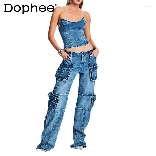 Jeans pour femmes 2024 Automne Fashion High Street Design Pocket Stitching Outilling Style Taist Braight Pants pour pantalon en denim