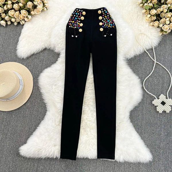 Jeans para mujeres 2024 Leggings negros de primavera de otoño Mujeres Riebres Rhinestone Elástico Magia Magia Flazada