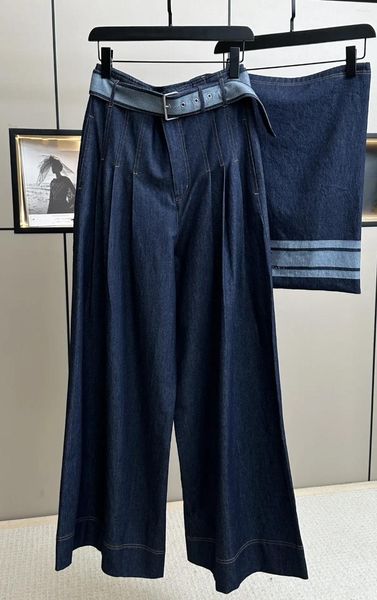 Jeans pour femmes 2024 automne/hiver bleu profond avec ceinture taille haute lâche femme pantalon à jambes larges