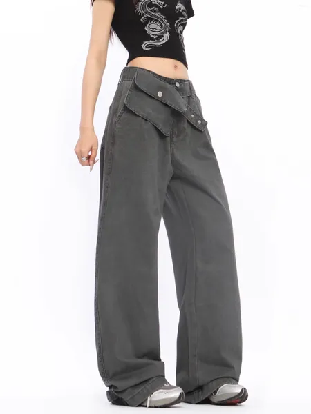 Jeans féminins 2024 Big Pocket Wide Leg Cargo Femme Retro Grey Rovable Waist Souch Belted Denim Pantalon Harajuku Street