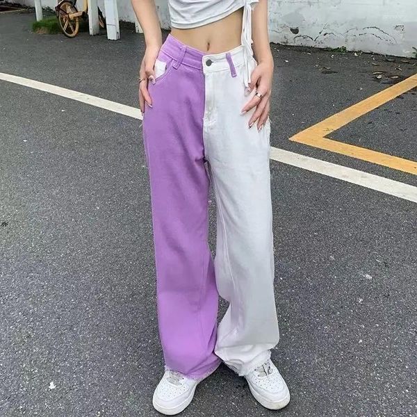 Jeans pour femmes 2024 Enfants Épissage Blanc Violet Pantalon Unique Niche Casual Droite Été Section Mince Personnalité Design