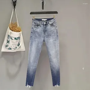 Dames jeans 2024 botsing kleur denim broek hoge taille elastische slanke negen punten potlood Koreaanse mode herfst vintage