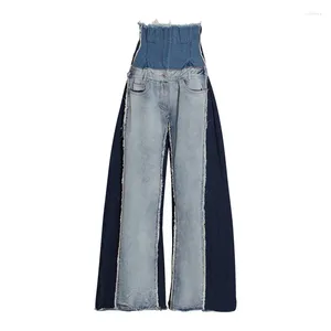 Dames jeans 2024 kleur blokkeren met hoge taille los passende veelzijdige en afslank dweil broek mode quilt