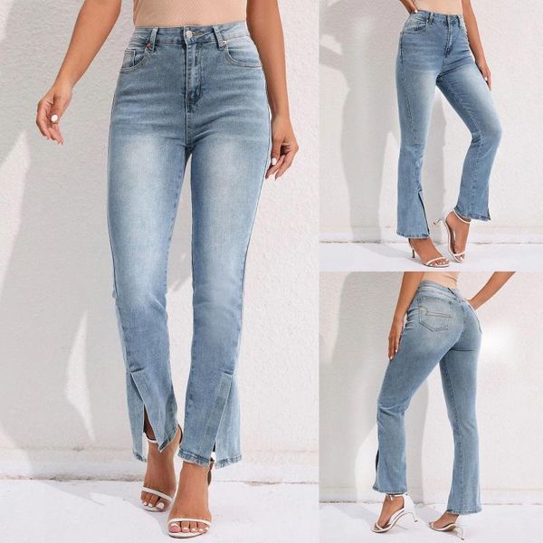 Jeans pour femmes 2024 Pantalon en denim Ourlet déchiré Extensible avec poches Élégant Jambe droite Polyvalent Casual Streetwear