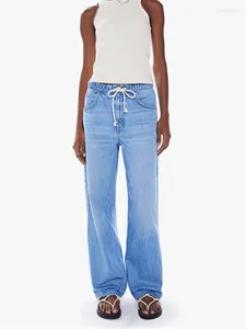 Jeans pour femmes 2024 début du printemps taille élastique cordon de serrage 2 couleurs décontracté femme coupe ample pantalons longs en denim