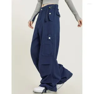 Jeans pour femmes 2024 taille élastique multi-poche jambe large taille haute lâche droite bleu pour femmes vintage maman
