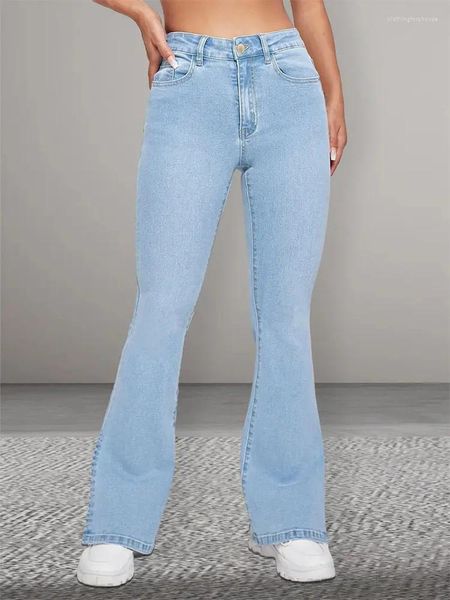 Jeans pour femmes 2024 Femmes élégantes Flare Stretch Taille haute Solide Bleu Denim Pantalon Moustache Effet Maman