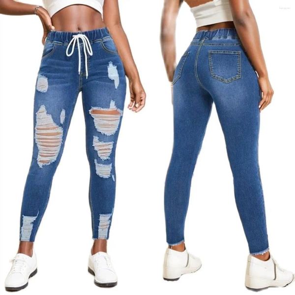 Jeans féminins 2024 Fashion High Stretch Ripped for Women Skinny Skinny Slim Elastic Taist Denim Pantal