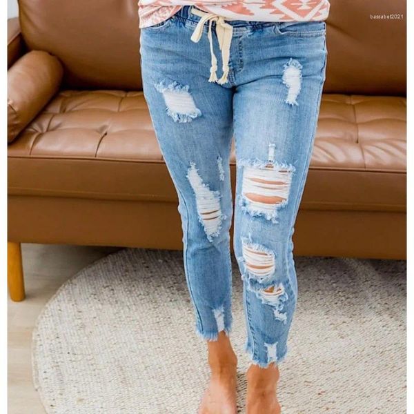 Jeans pour femmes 2024 à la mode décontractée haute taille de style élastique déchiré