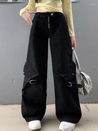 Jeans pour femmes 2024 Grunge Y2K Ropa Strap Zipper Lavé Noir Baggy Cargo Pantalon pour Femmes Vêtements Large Jambe Hip Hop Femme Pantalon Gothique