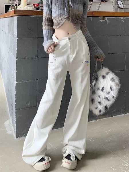 Jeans pour femmes 2024 coréen Y2K mode incrusté de pierres précieuses blanc baggy pantalon pour femmes vêtements large jambe droite dame kpop pantalon élégant