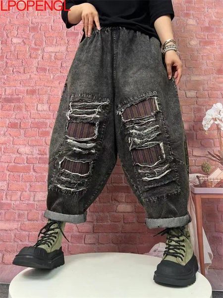 Jeans pour femmes 2024 littéraire polyvalent vintage Ripped Patch lâche Pantalon de harem décontracté surdimensionné