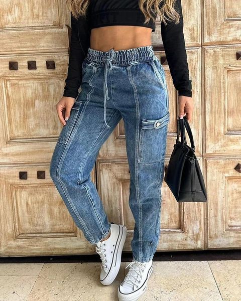 Jeans pour femmes 2024 Pantalons Y2K Filles Skinny Femme Vêtements Bouton Poche Design Quotidien Casual Jean Hiver Solide