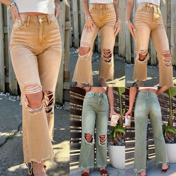 Jeans pour femmes 2024 Pantalon crayon déchiré Slim Fit Taille haute Vintage Streetwear Casual Mode Stretch Bleu Bootcut Femme