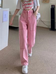 Damesjeans 2024 Pink Baggy Woman High Taille Wide Been Denim Trouser Streetwear Chic Design Ladies Vintage Straight Jean Pant Women