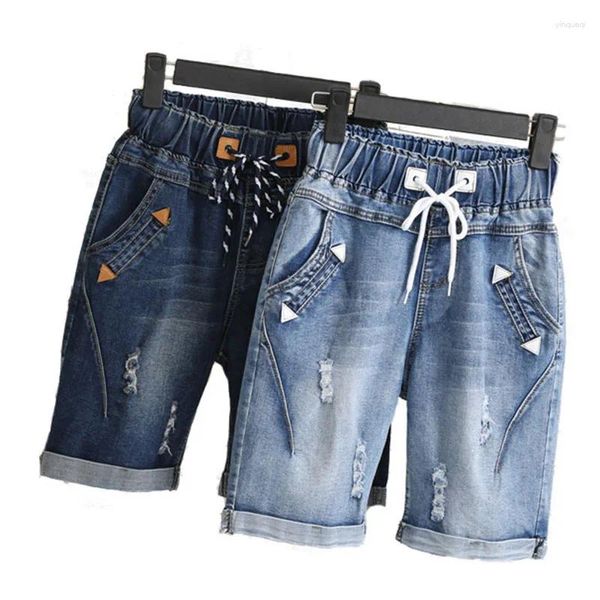 Pantalones vaqueros de mujer 2024 de talla grande verano rasgados Denim corto mujeres encaje Casual Up Capris señoras pantalones bombachos con pernera ancha 4XL 5XL C3200