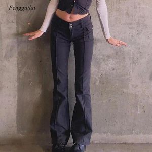 Dames Jeans 2024 Slanke Lage Taille Flare Broek E-Girl Vintage Zakken Effen Herfst 90S Mode Zwarte Broek