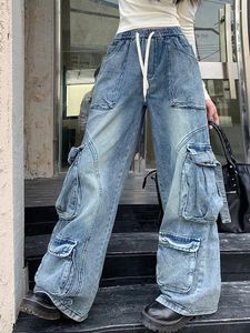 Jeans féminins 2024 Spodnie Y2k Fashion lavée Blue Drawstring Baggy Cargo Pantals for Women Clothe