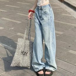 Dames jeans 2024 lente en zomer retro design brede poten voor vrouwen met hoge taille rechte drapey vloerlengte broek skyblue denim