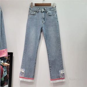 Damesjeans 2024 lente en zomer recht voor dames nationale stijl zware industrie kralen patchwork rand blauwe denim broek