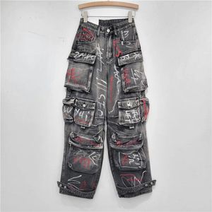 Jeans pour femmes 2024 Printemps Automne Personnalisé Peint Graffiti Jambe Droite Femmes Multiples Poches Rue Tendance LX050