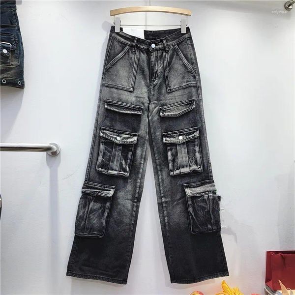 Jeans pour femmes 2024 printemps automne fille épicée cool mode grande poche halo colorant dégradé design denim femmes pantalons à jambes larges lx189