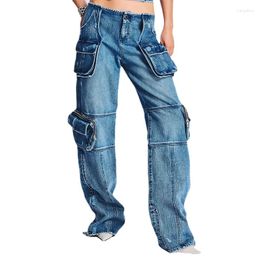 Jeans pour femmes 2024 Printemps Mode High Street Design Sense Poche Couture Outillage Vent Taille Droite Denim Bibliothèque Pantalon Femme