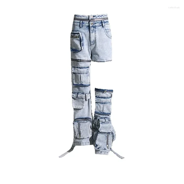 Jeans pour femmes 2024 Spring Fashion Pantalon Design unique avec poches épissées Déconstruit Taille haute Jambe droite pour les femmes