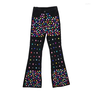 Jeans pour femmes 2024 printemps diamant lourd clouté à la main perlé taille haute mince amincissant stretch maigre pour les femmes noires