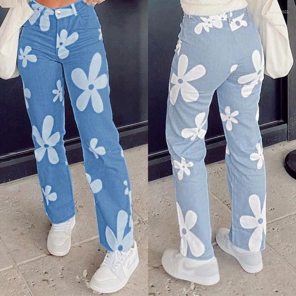 Jeans pour femmes 2024 printemps taille haute fleur imprimé pour femmes mode stretch décontracté pantalon droit rue vêtements à la mode