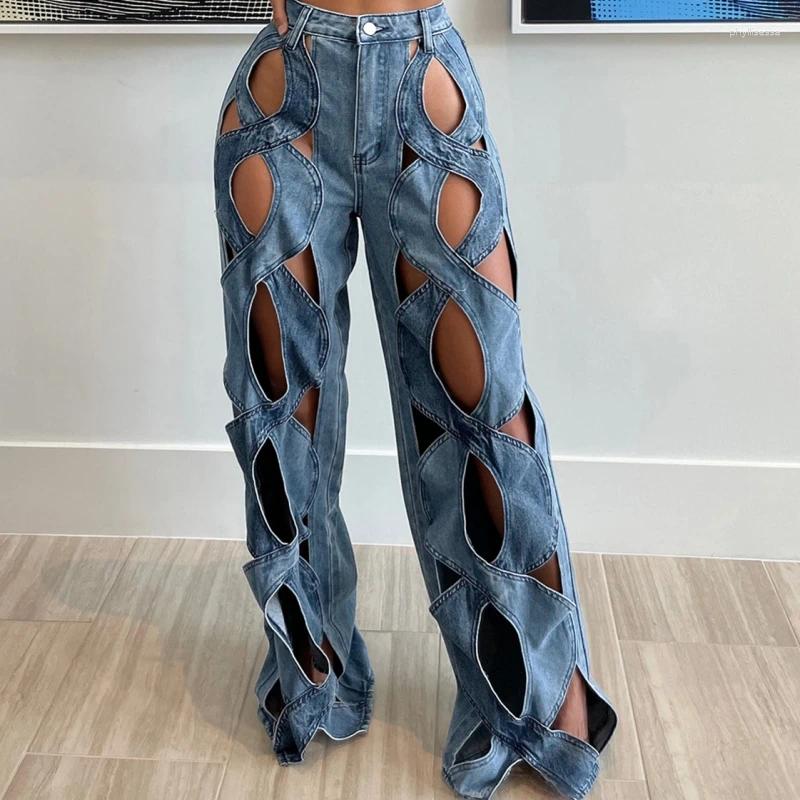 Women's Jeans 2024 Spring Hollow Out For Women High Waist Patchwork Zipper Casual Wide Leg Pants Female Fashion Clothing