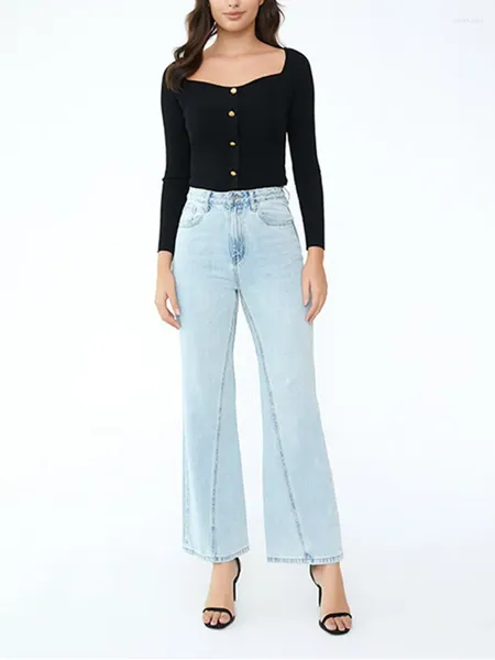 Jeans para mujer 2024 Primavera Oblicuo Diseño a medida Pantalones de mezclilla azul claro Damas de cintura alta Clásico Pierna ancha recta