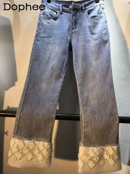 Jeans féminins 2024 Coux de printemps diamant en diamant Mesh haute taille étirement minceur de pantalon de jean recadré droit