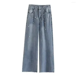 Jeans féminins 2024 Spring Style Fashionable Casual Versatile Rhingestone Pendant Lig Leg Straight Pocket Bouton