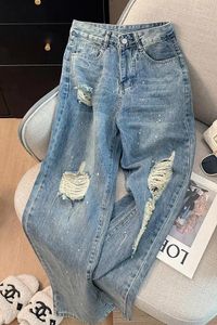 Jeans pour femmes 2024 Printemps Été Américain Vintage Bleu Femmes Y2K Casual Mode Droite Neutre Fil Dessin Trou Denim Pantalon Femme