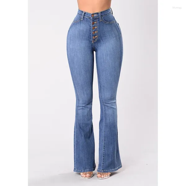 Jeans pour femmes 2024 printemps été taille haute extensible bleu foncé détails évasés couture au sol femmes vêtements poches