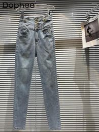 Jeans para mujeres 2024 Botones de metal de verano de primavera del flacos Slumming Women de la cintura alta Pantalones de mezclilla de lápiz azul socialitis elegante