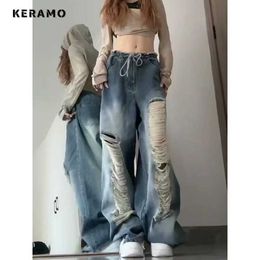 Damesjeans 2024 Spring Vintage Harajuku Y2K Loose jeans veter uit holte blauwe broek dames breed poot Trashy baggy gescheurde denim broek 240423