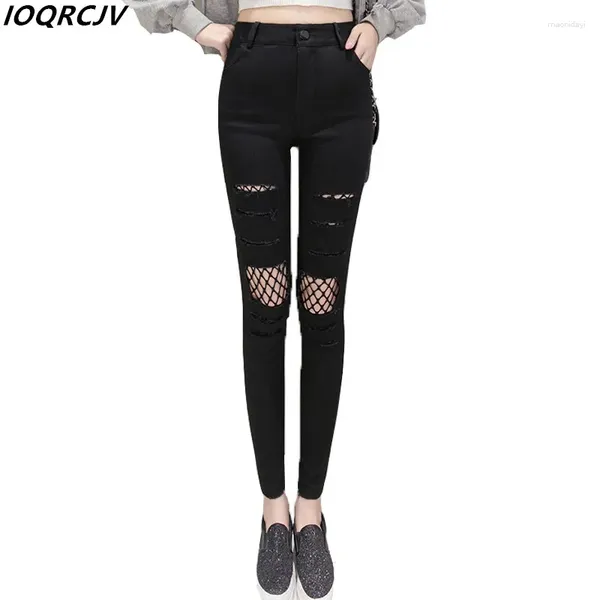 Jeans féminins 2024 Spring Femmes Sexy Hole Mesh haute taille skinny mince pantalon crayon féminin pantalon noir mode dames