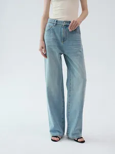 Jeans para mujer 2024 Primavera Mujeres Pierna ancha Cintura alta Casual Cremallera femenina Pantalones largos de mezclilla sueltos rectos