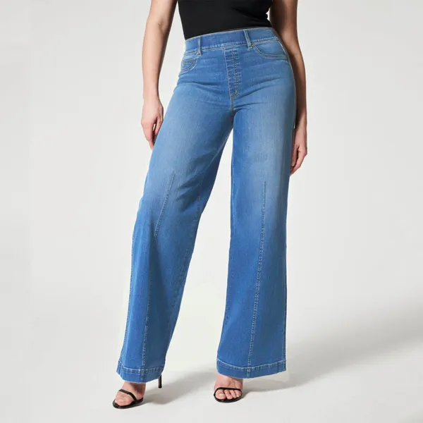 Jeans pour femmes 2024 Mode d'été Trajet moderne droit pour femmes pantalons à jambes larges bleu taille haute en vrac denim femme