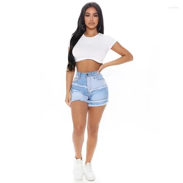 Jeans para mujer 2024 Moda de verano Borla Alta Elástico Denim Shorts Mujeres Sexy Flaco Cintura Lavado Casual Ripped Street Blue