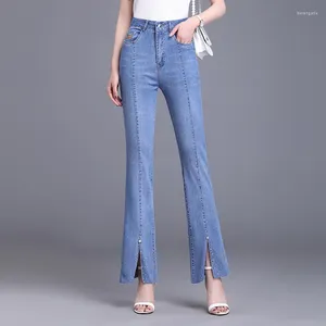 Dames jeans 2024 zomer front spleet spleet micro-flare zijn lang en dun lichtblauwe brede pijpen casual broek