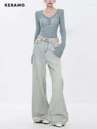 Jeans féminins 2024 Summer Harajuku Y2k Loose Ripped Vintage Hollow Out Blue Pantal